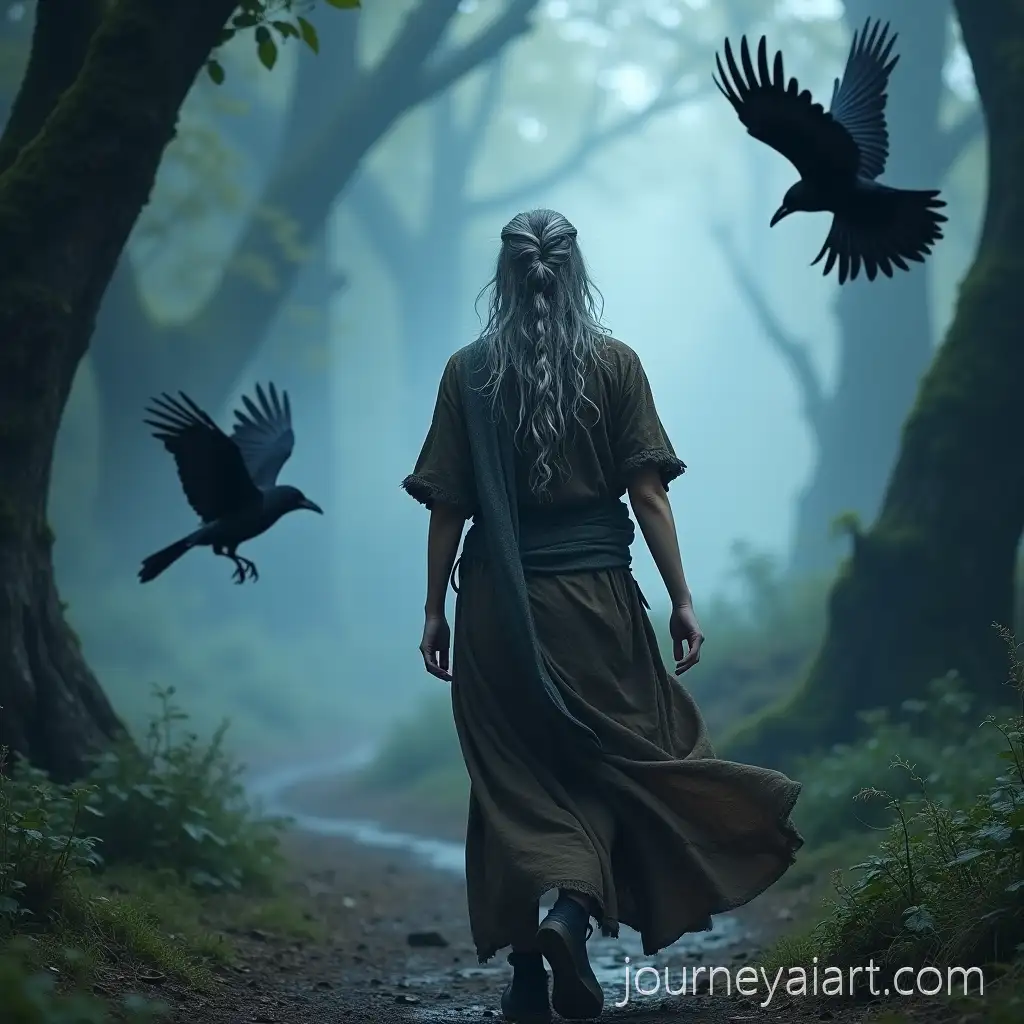 Photorealistic-Ancient-Wise-Prophetess-Walking-Through-Misty-Forest-with-Ravens