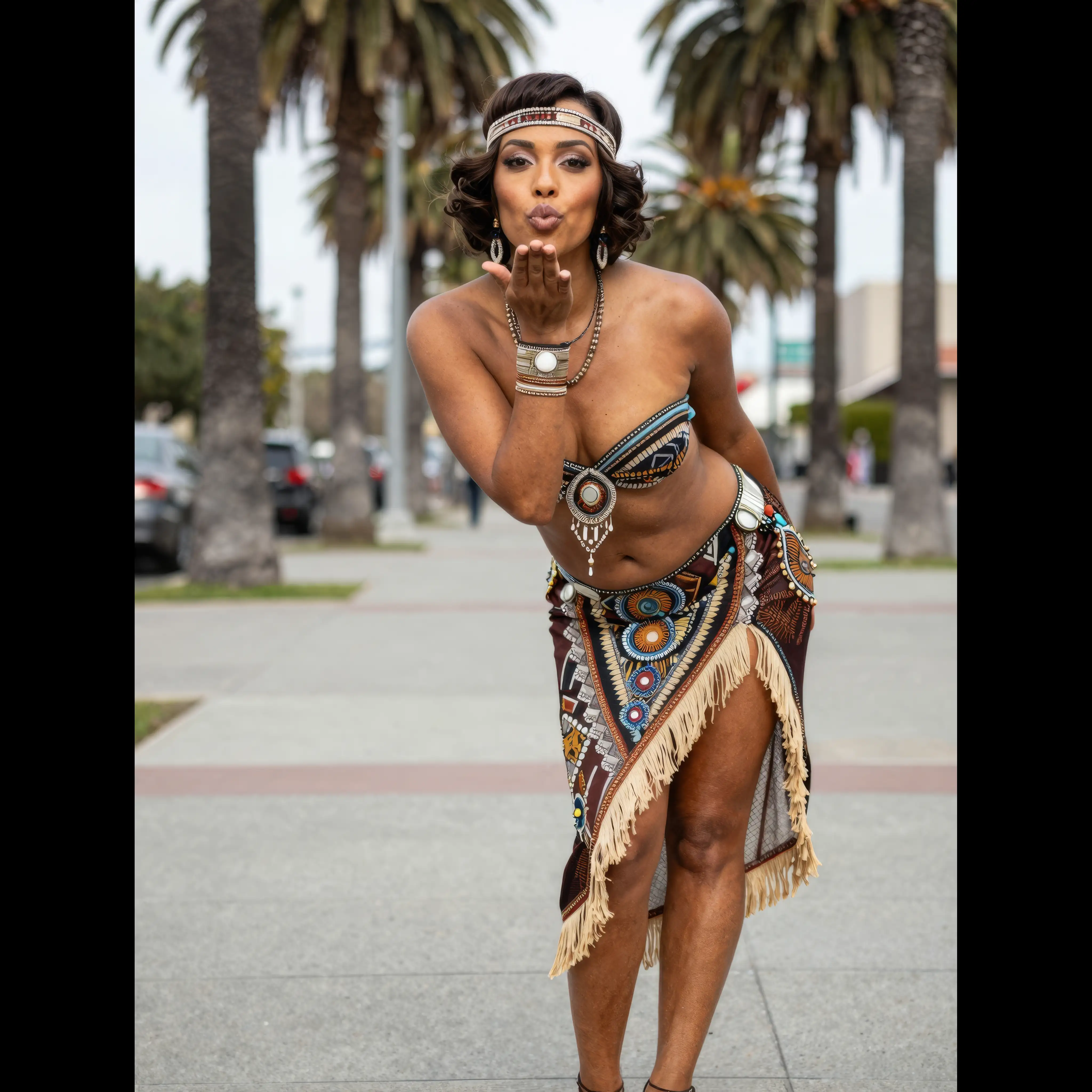 a tanned mixed race girl of 60%Latin-American, 35%Nordic and 5%African origins, in her mid-twenties with dark-brunette 1920's Art-Deco haircut with headband, make-up, brown eyes and big earrings, her skin has medium-brown skin tone and medium-sized breasts and hips, she only wearing knee-long skirts(navel visible) with Art-Deco+Native-American ornamentation and frills, strapless bikini-top with Art-Deco+Native-American ornamentation, Native-American necklace and bracelets, sandals, she bends her knees and kisses the camera in a San Francisco boulevard with palm trees in the background