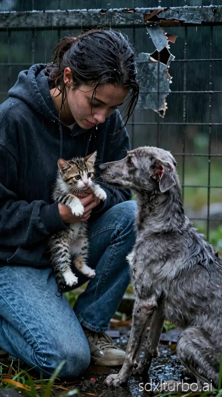 small soaked kitten trembling under broken fence at night, rain dripping from whiskers eyes wide, Lena (young woman mid-20s, brown skin, slim build, natural hair loosely tied back, dark oversized hoodie, worn jeans, protective demeanor) kneeling freeing kitten, and Grey (thin grey stray dog, short coarse ash-grey fur with darker streaks along spine, visible ribs, amber eyes, scar on left ear, wet fur, alert but gentle posture) sitting and sniffing the kitten, fear dissolving into compassion emotional relief cinematic realism 8k