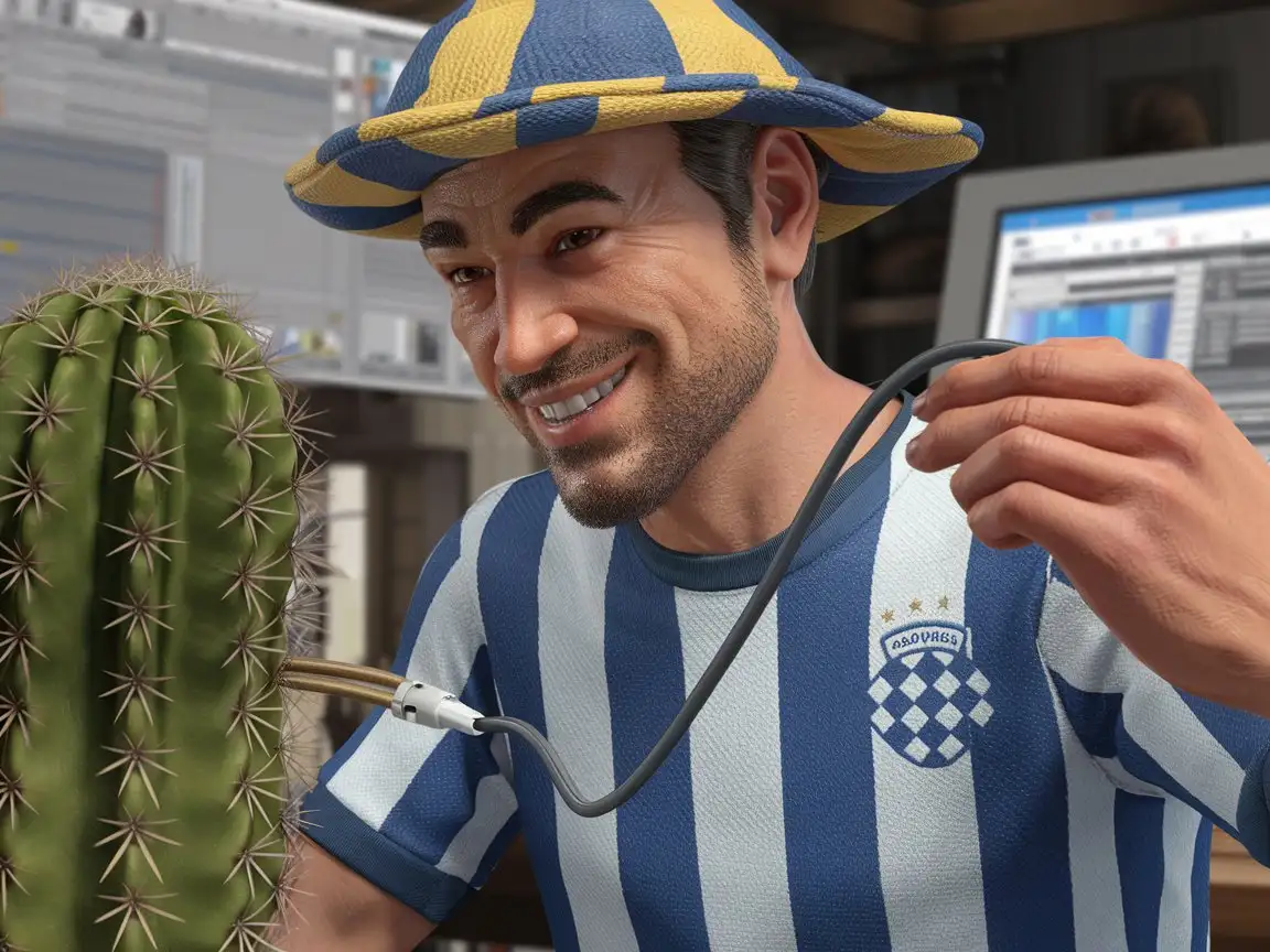 a smiling cool guy with a funny hat and wearing a soccer team t-shirt, holding a cable wired to a cactus plant, a computer in the background, photorealistic, highly detailed