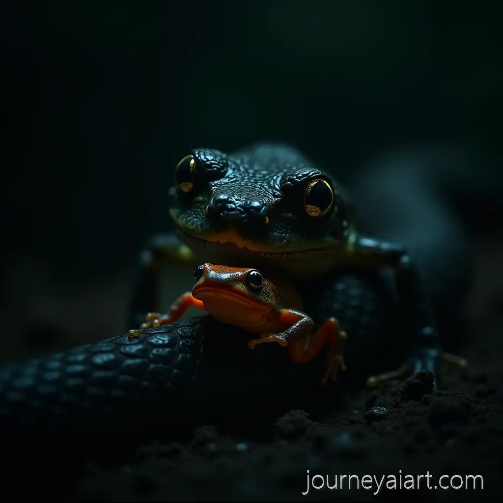 Black-Snake-Swallowing-Brightly-Colored-Poisonous-Frog-in-Dark-Rainforest-at-Night