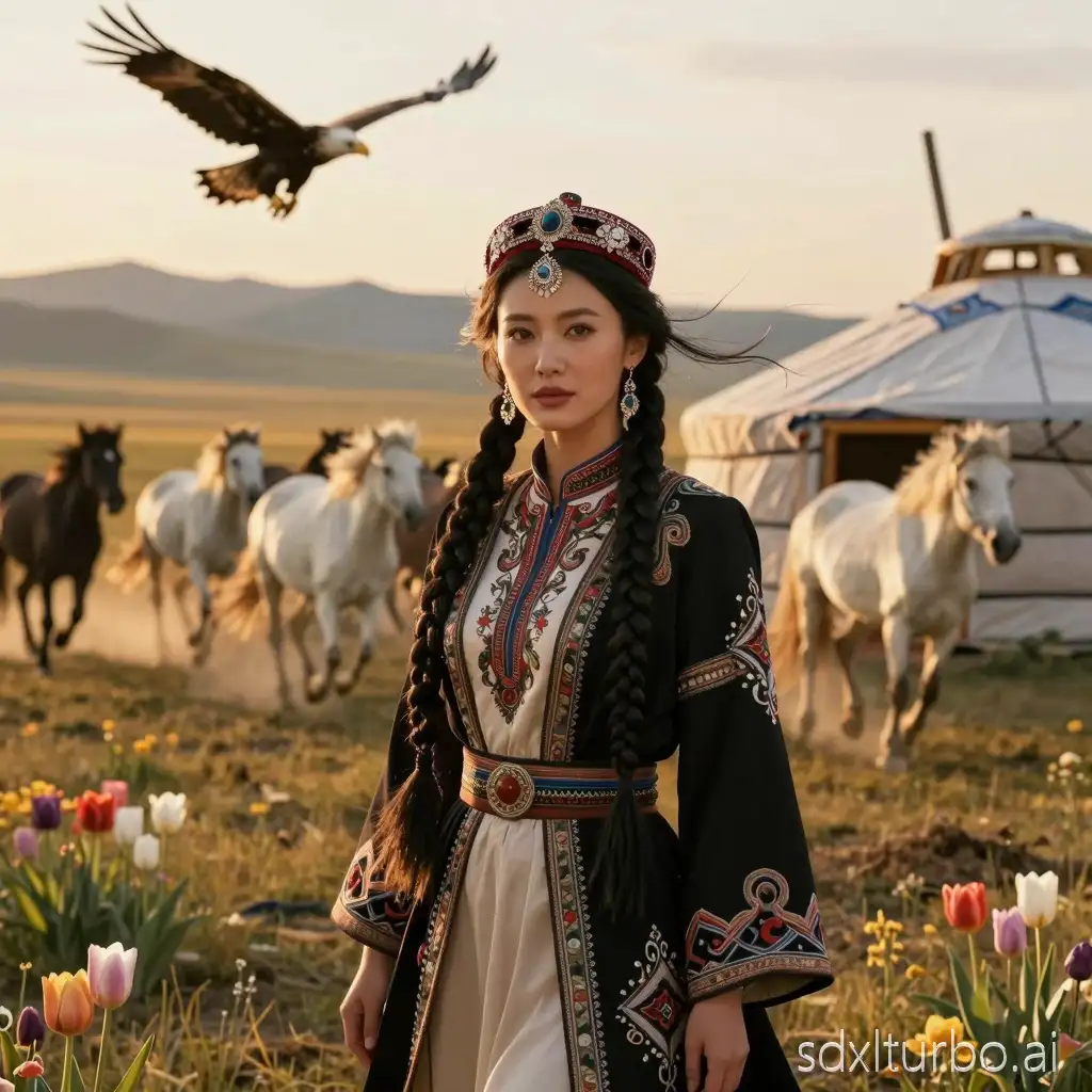 Cinematic ultra-realistic photo of a beautiful Kazakh woman of Asian ethnicity, authentic Kazakh appearance, strong confident gaze. She is wearing a modern traditional Kazakh costume with rich embroidery and national ornaments. Long thick black hair in two braids decorated with traditional Shash Bau, traditional Kazakh headwear.   She is standing in the open steppe near a large traditional Kazakh yurt. Behind her — a powerful herd of majestic white and black purebred horses running through the степpe, dust in the air.   Endless golden steppe with blooming tulips and wildflowers, dramatic mountains in the distance. A majestic eagle flying above.   Golden hour sunset, warm cinematic light, wind in hair and clothes, shallow depth of field, ultra-detailed, 8K, photorealistic, movie still, epic atmosphere.