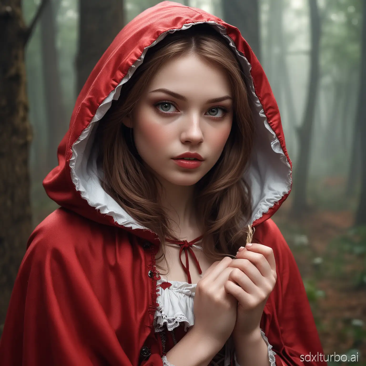 little red Riding hood, fairy tale character, beautiful girl, fantasy, realistic high quality image, pale skin, brunette hair