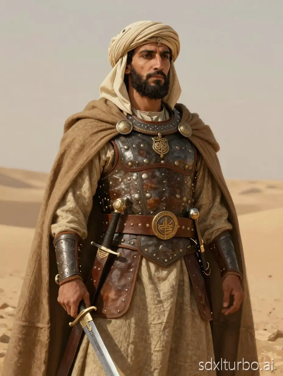 A historically-inspired portrait of Ali ibn Abi Talib, depicted as a noble Arab warrior of the 7th century, wearing period-accurate early Islamic battle attire. He stands with dignified posture, medium height, muscular build, broad shoulders. He wears a traditional Arab warrior outfit: a simple yet sturdy linen tunic under a leather and metal-riveted cuirass, a wide leather belt with scabbard, desert-colored flowing cloak. Head wrapped in a historical Arab turban (amamah) with modest ornamentation, no visible face details that imply specific identity, respectful and honorable appearance. Carrying a historically plausible sword resembling Zulfiqar’s style (bifurcated blade suggested by lore but subtle), scabbard with simple Arabic ornamentation, desert background with soft warm light. Style: realistic digital art, muted earth tones, detailed fabric and armor, respectful and historically informed, no anachronisms, Middle Eastern warrior aesthetic from the 600s CE.