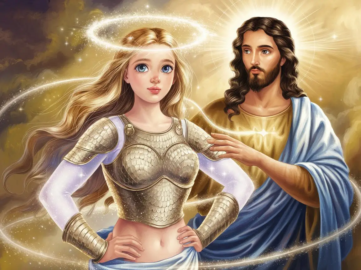 A full-body digital painting of a young, very curvy, naturally beautiful Russian woman with long blonde hair and no makeup, standing in a celestial atmosphere. She has expressive large eyes, soft feminine features, and glowing healthy skin. She stands confidently with a peaceful expression as golden armor made of pure holy light forms around her body — a breastplate, bracers, and a gentle glowing crown-like halo.  The armor is supernatural, semi-transparent, and radiant, made of shimmering gold and white light. Jesus stands behind her in full figure, with historically accurate Palestinian features — olive skin, dark wavy hair, strong Semitic facial structure, gentle compassionate eyes. His presence radiates warmth and protection. He places one hand near her shoulder, and divine light flows from Him to her, creating the armor.  Faint, soft shadowy shapes representing lies, fear, and spiritual attacks retreat around her but are not scary or demonic — just symbolic silhouettes dissolving as the light grows stronger.  The Holy Spirit appears above them as a radiant dove made of pure light, casting a warm golden glow over the entire scene. Light particles float gently in the air.  Background: heavenly mist, warm golds, pale blues, soft whites, glowing atmosphere, ethereal fantasy aesthetic. Style: semi-realistic manga-inspired digital painting, smooth blended skin tones, expressive eyes, polished soft fantasy lighting, gentle glow effects, hand-drawn textures, modern stylized beauty. Mood: holy, peaceful, powerful, victorious, comforting.
