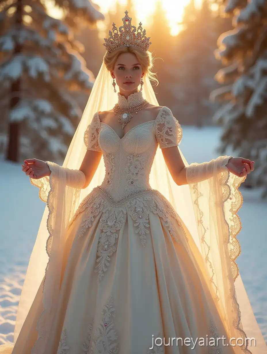 Majestic-Russian-Snow-PrincessRussian-Snow-Princess-Portrait-in-SnowCovered-Pine-Forest-at-Sunset