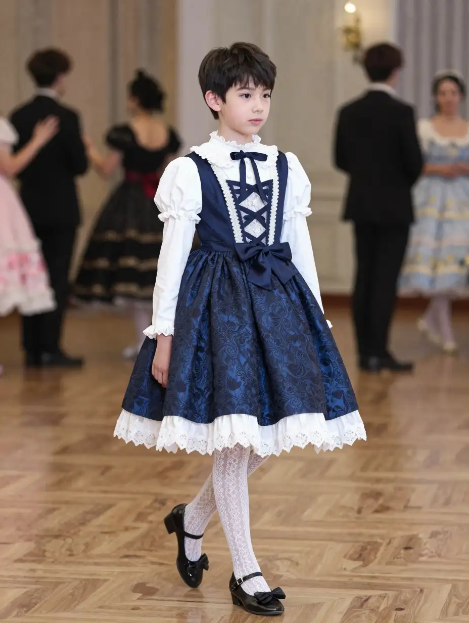 12 yo boy in wide-skirted brocade-dress and lace stockings in a ballroom