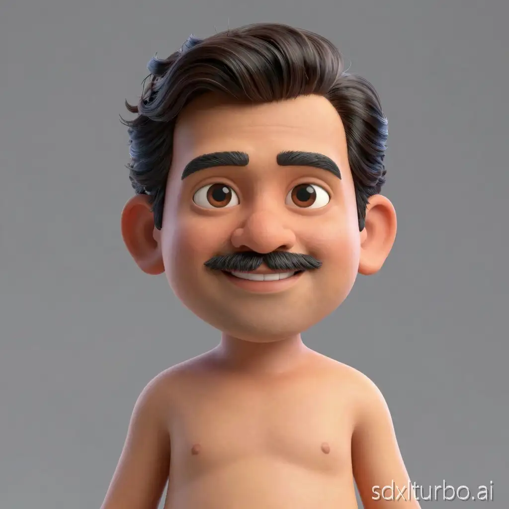 Hyperrealistic 3D Cartoon style character with big head. 50 year old indian man, ideal body, gray background. Use soft photography lighting. Hair lighting, top lighting, side lighting, high quality photos, UHD, 16K
