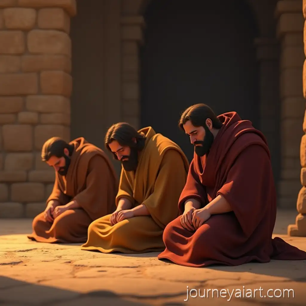 Three-Friends-Sitting-in-Silence-with-Job-in-Ancient-Robes-in-a-Somber-PixarStyle-Scene