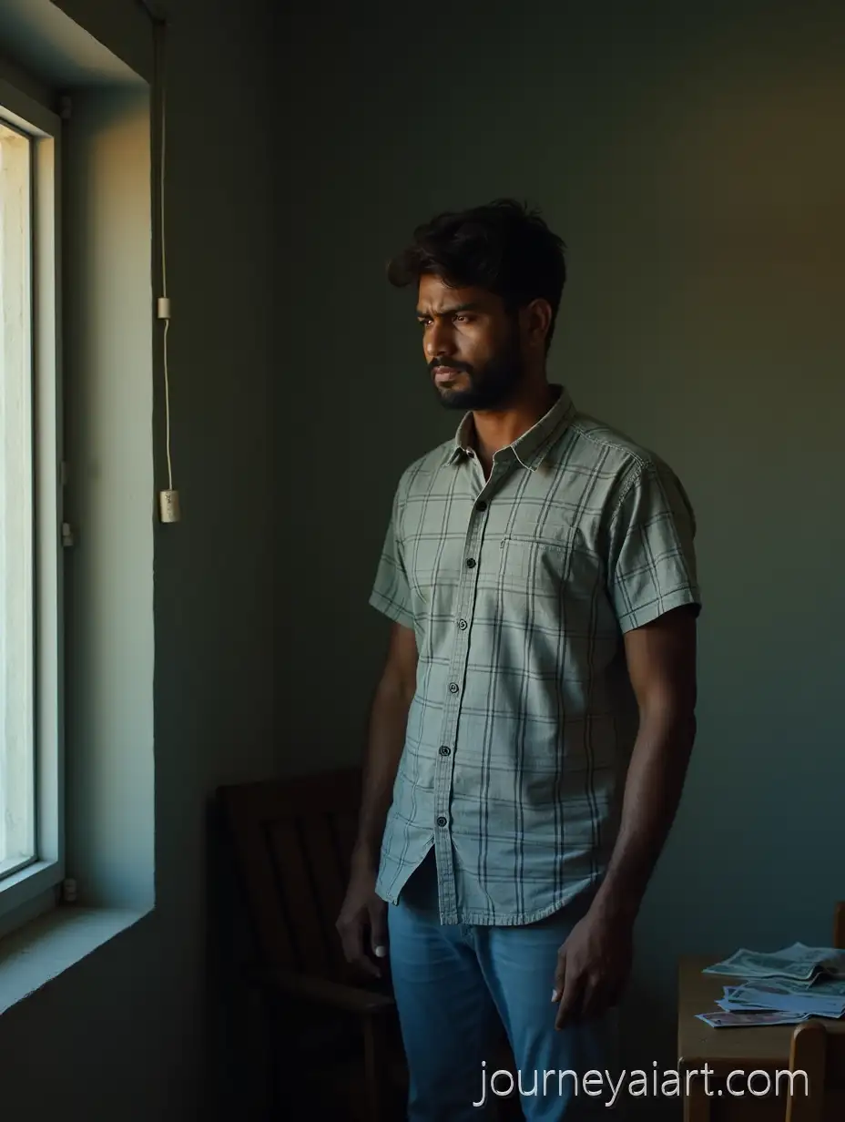 Stressed-MiddleClass-Indian-Man-in-a-Small-Apartment-by-a-Sunlit-Window