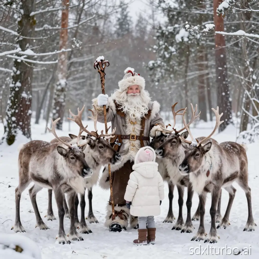 Ded Moroz slowly lifts his staff, smiles while standing on snow in the forest, around him 7 reindeers, they gently press against him, forming a circle of warm hugs; a girl looks ahead and joins the hugs with a little girl dressed in a white coat with a hood; winter fairy tale, magical connection with nature. sounds of crackling snow are heard.