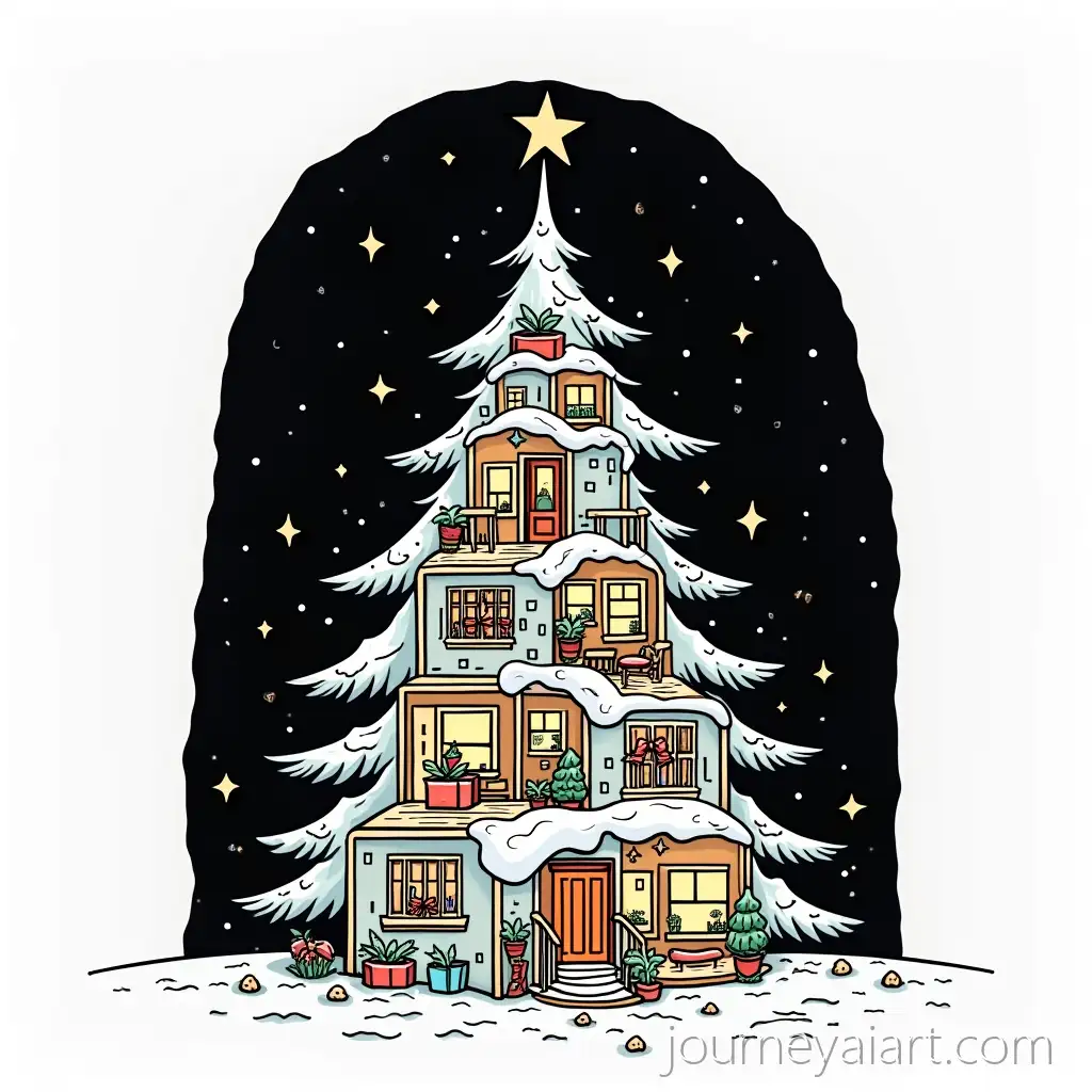 Minimalist-Linear-Christmas-Tree-Illustration-with-Cozy-Apartment-Interiors