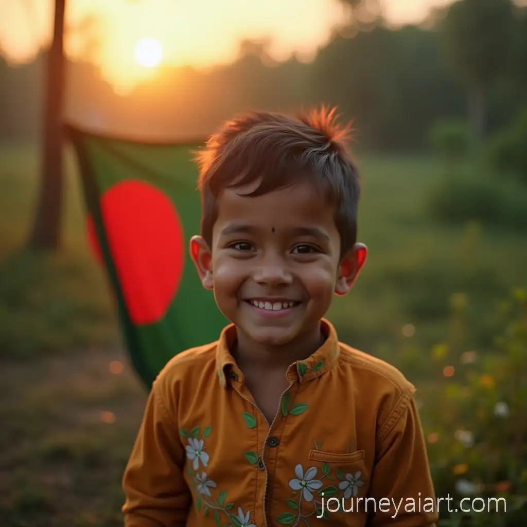 Smiling-Bangladeshi-Child-with-Flag-Against-a-Scenic-Landscape-in-Cinematic-Lighting