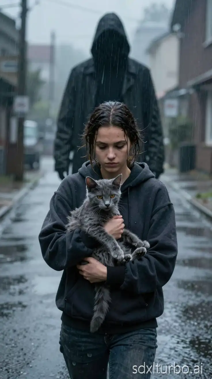 Far background shadow human silhouette (tall shadowy human silhouette, indistinct facial features, edges blurred into darkness, long dark coat, unsettling human presence) standing silently across rain-washed street, foreground Lena (young woman mid-20s, brown skin, slim build, natural hair loosely tied back, dark oversized hoodie, worn jeans, protective demeanor) holding rescued kitten grey (thin grey stray dog, short coarse ash-grey fur with darker streaks along spine, visible ribs, amber eyes, scar on left ear, wet fur, alert but gentle posture) beside her, storm easing rain lighter, shadow human silhouette (tall shadowy human silhouette, indistinct facial features, edges blurred into darkness, long dark coat, unsettling human presence) partially obscured by mist and darkness, quiet unease cinematic framing photorealistic atmosphere