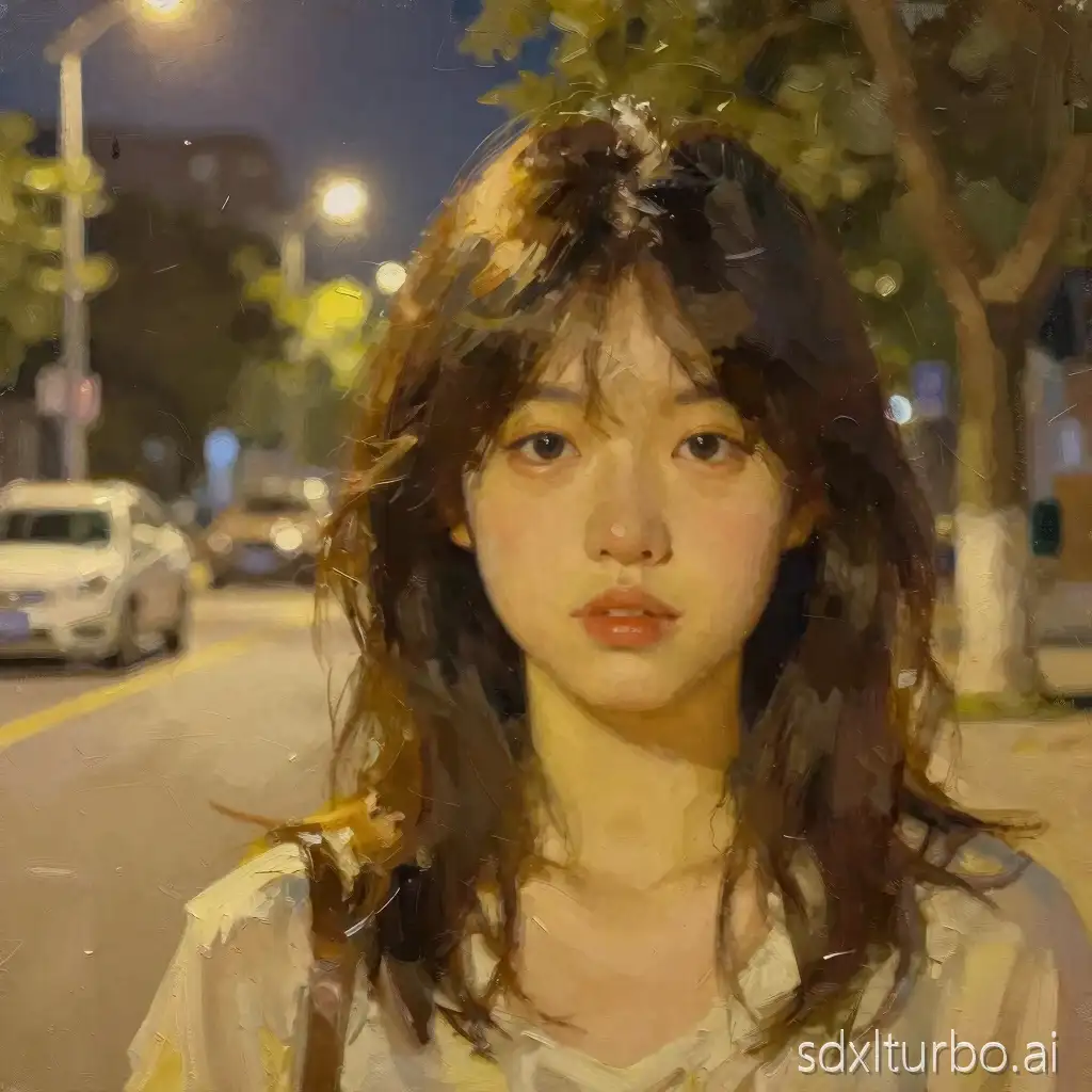 Retain the warm yellow lighting atmosphere of the night scene, use thick brushstrokes to highlight the fluffy texture of the hair, process the background streets and trees into hazy oil painting textures, while enhancing the soft color layers of the character's facial features to give the overall composition a retro oil painting artistic feel
