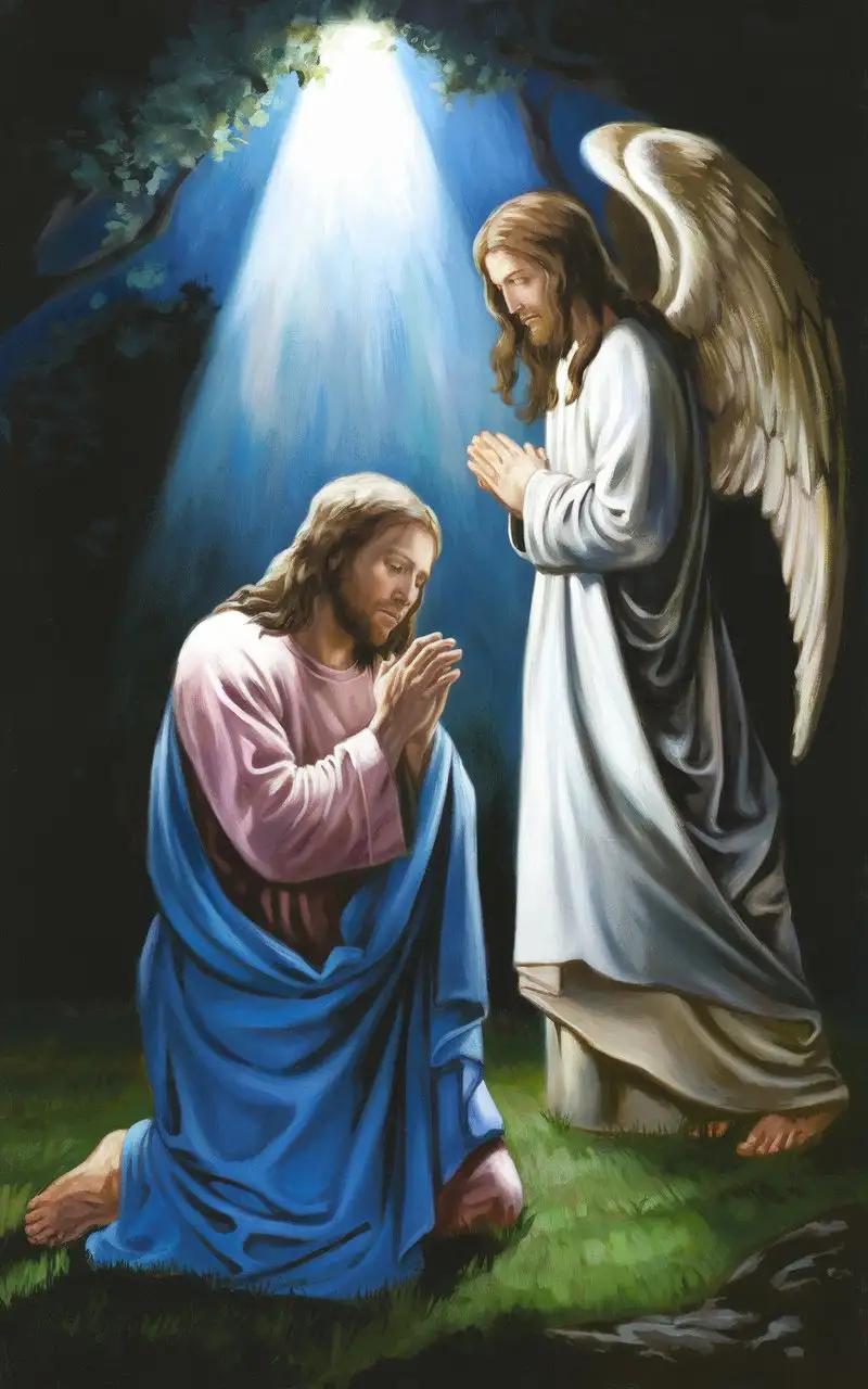 LORD JESUS CHRIST kneeled down and prayed to his Father in heaven, LORD JESUS CHRIST supplicated God the Father help him get through, LORD JESUS CHRIST saw an angel appeared in Gethsemane at night,