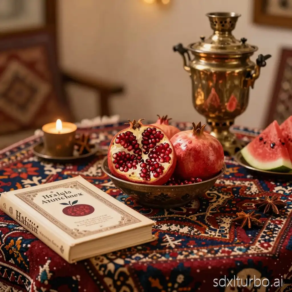 table in a cozy Iranian home, A bowl of pomegranates on a traditional Persian and Hafiz book , and  watermelon spices and ,with warm lighting, handmade carpet, brass samovar, and Yalda night atmosphere.without text. With symbolic fruit icons, warm colors, detailed. Without text.