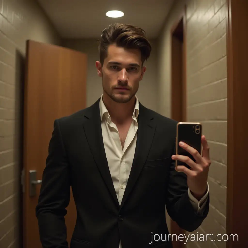 Man-Taking-Mirror-Selfie-in-Modern-Washroom-Wearing-Black-Suit