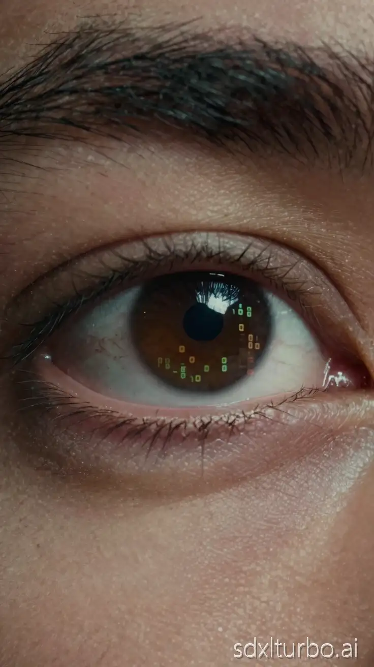 extreme close up of human eye reflecting digital code, realistic skin pores, cinematic lighting, ultra realistic macro photography, dark atmosphere, shallow depth of field, film grain --ar 9:16 --v 6 --style raw