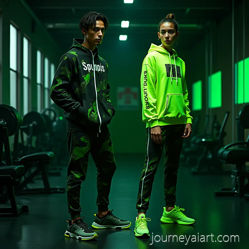 Luxury-Sportswear-Photoshoot-with-Futuristic-Elements-in-Neon-Green-Gym-Setting