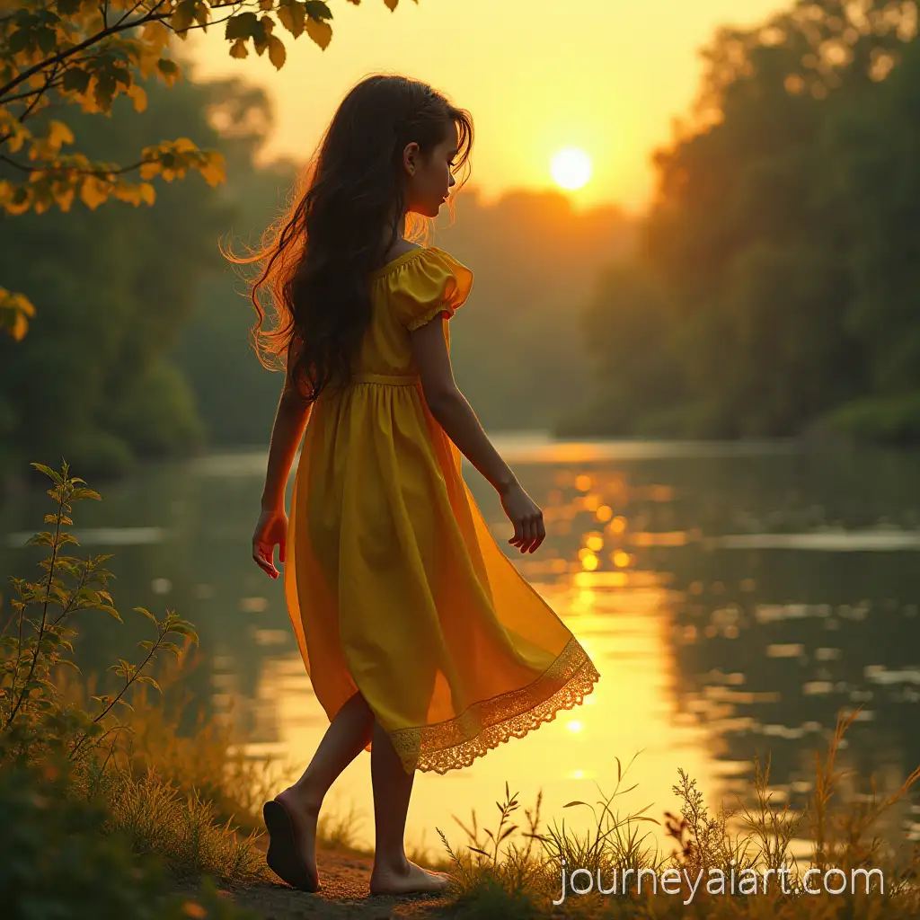 Girl-Walking-by-RiverGirl-in-Yellow-Dress-Walking-by-a-River-at-Dusk