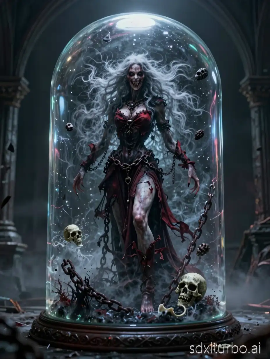 Ultra-realistic 8K dark fantasy horror cinematic full-body wide-angle scene of a terrifying ghost woman with a powerful exaggerated hourglass physique and strong muscular thighs trapped inside a giant transparent snow globe, wearing torn dark red spectral silk and cursed shadow fabric with rusted chains, bone jewelry, skull relics, sinister smile with sharp fangs and glowing dark eyes, long ghostly hair floating weightlessly, violent swirling dark energy, black mist, cursed particles and frozen soul fragments inside the globe, resting in a forgotten haunted gothic ruin with broken arches, deep shadows and eerie fog, dramatic cinematic lighting, volumetric fog, glowing aura, realistic glass reflections, ultra-detailed textures, sharp focus, depth of field, photorealistic, Unreal Engine, masterpiece, dark fantasy horror cinematic composition.