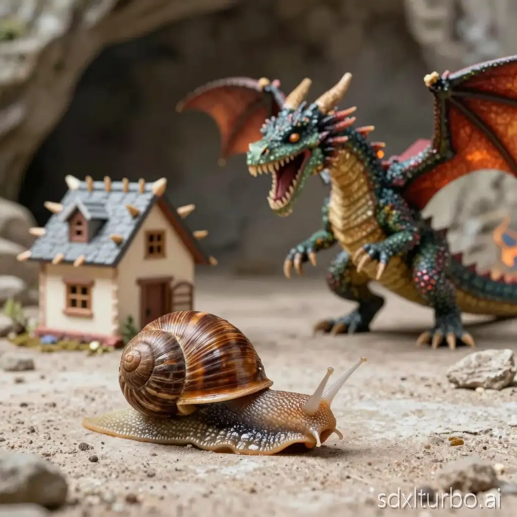 a snail with a spiky house fighting against a fire-breathing dragon in a cave and winning