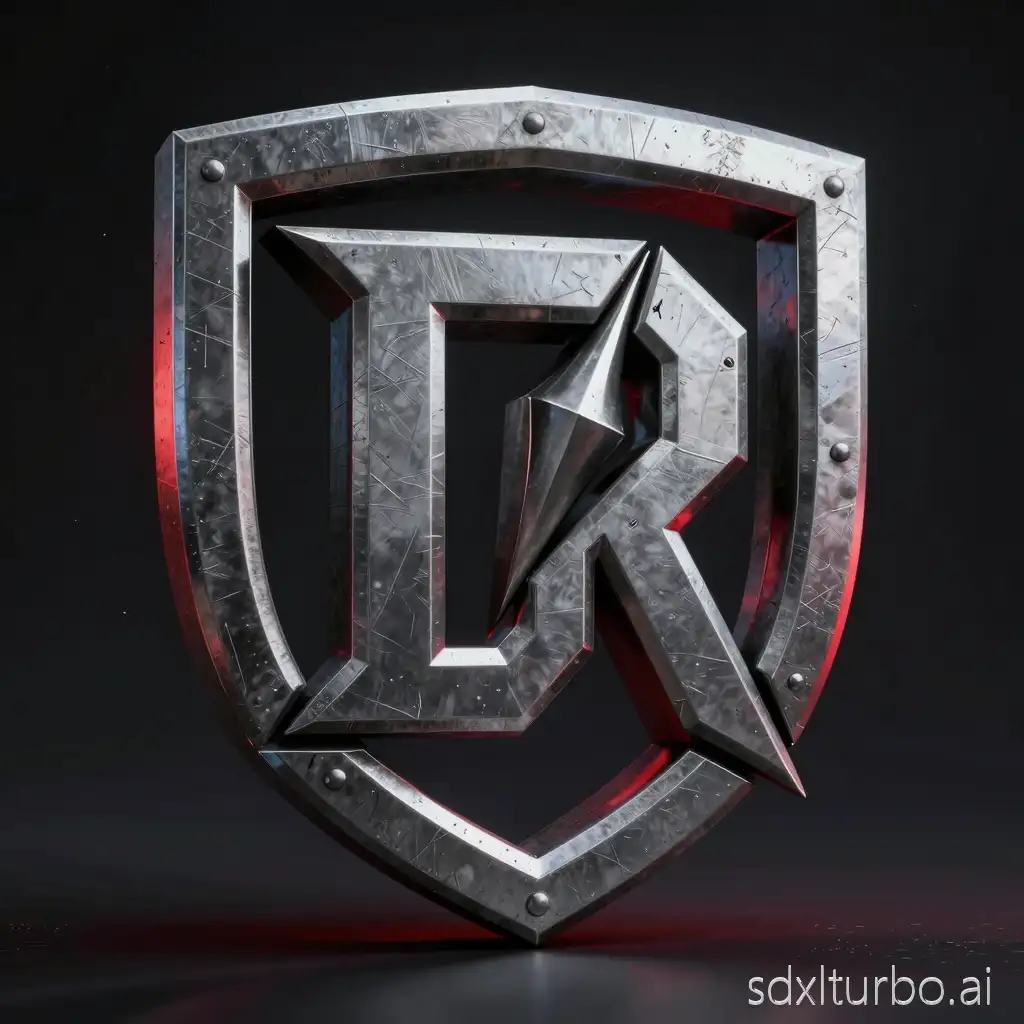 Ultra detailed 3D monogram logo "DR" where the letters are fused together into one solid emblem. The letter D shaped like a strong shield, the letter R piercing through it. Heavy industrial steel material, scratched brushed metal texture, sharp aggressive edges, masculine design, forged metal look.  Cinematic lighting, dark studio background, subtle red rim light glow from behind, dramatic shadows, hyper realistic metal roughness, micro scratches, dust particles in the air.  Premium branding, iconic, powerful, suitable for a famous influencer creator brand, looks like AAA game studio logo or luxury automotive emblem.  Octane render, unreal engine quality, 8k, photorealistic, high contrast, addictive to look at.