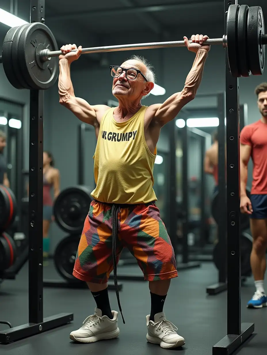 a nerdly and skinny old man with no muscles and super skinny arms is working out at a gym.  He's wearing baggy colorful shorts, a muscle shirt with the words Mr. Grumpy printed on the front.  he's also wearing floppy black socks, and white tennis shoes.  He's wearing oversized glasses.  He is lifting a barbell set of weights over his head.  The weights are low in weight.  He's sweating profusely with drops of sweat streaming down his forehead.  One other gym member is standing around in gym gear, watching him lift the barbell.
