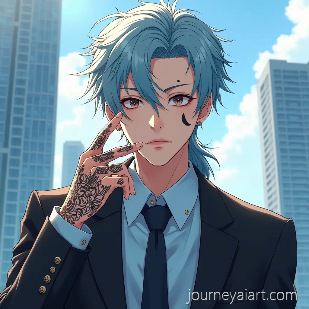 HyperRealistic-Anime-Portrait-of-Young-East-Asian-Male-with-CyanBlue-Mullet-and-Geometric-Tattoos-in-Modern-Cityscape