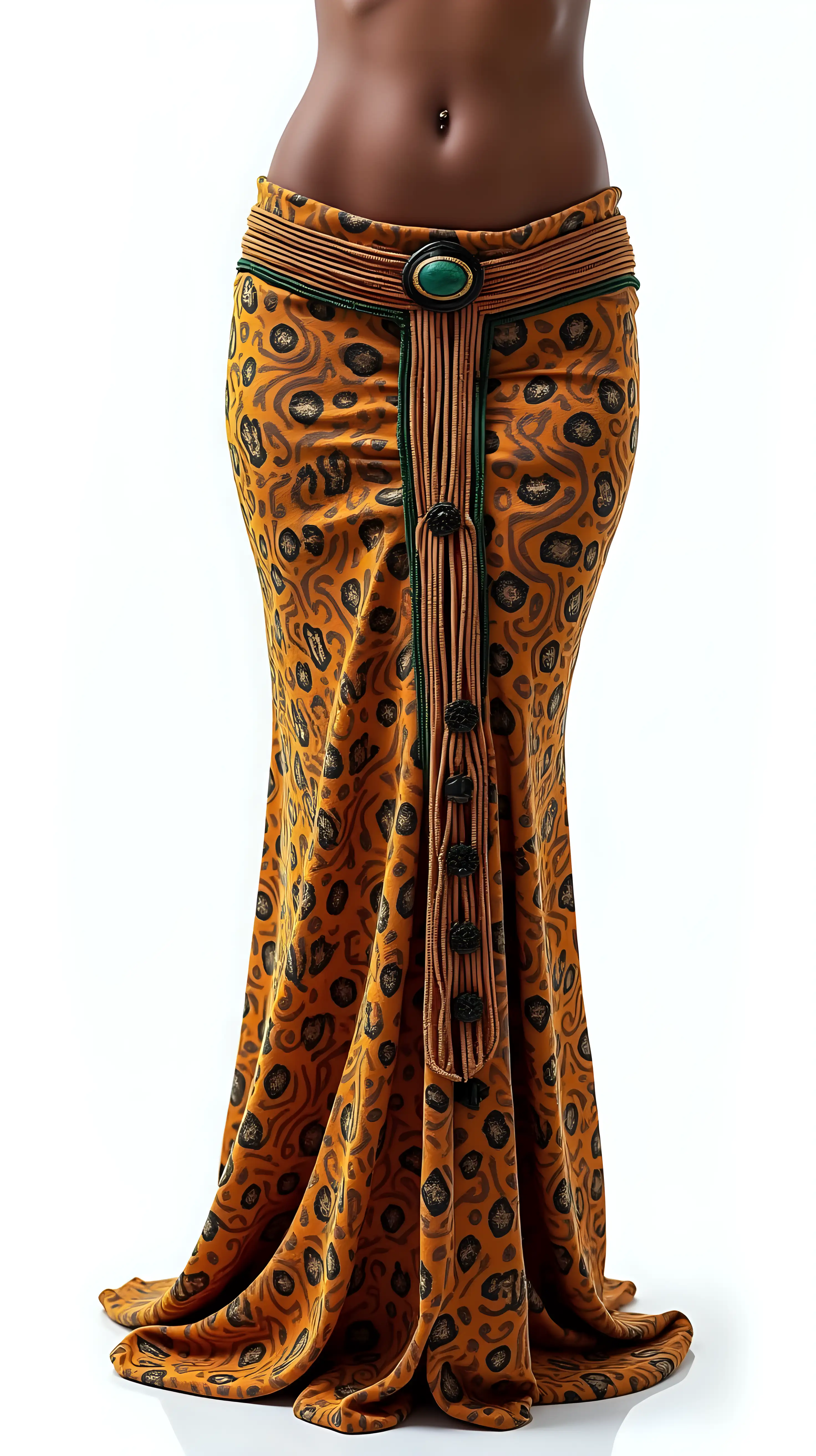 a hyperrealistic picture of a topless long African skirt(navel) with African ornamentation, white background