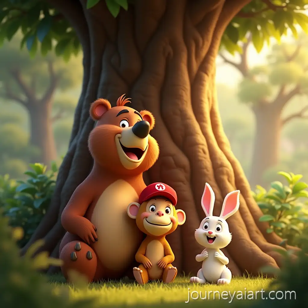Three-Best-Friends-Relaxing-in-a-Sunlit-Jungle-Under-a-Giant-Tree