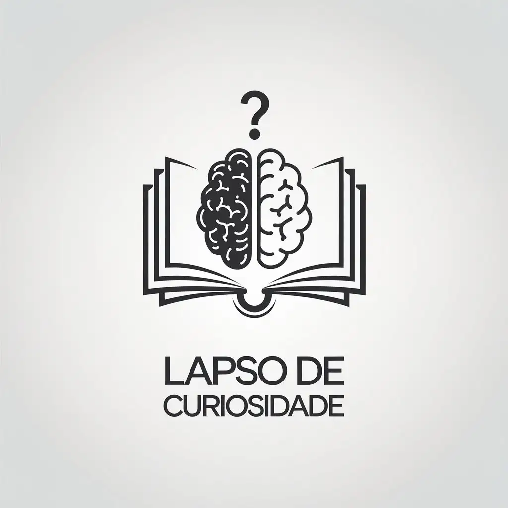 make a creative logo for a youtube channel about curiosities called "LAPSO DE CURIOSIDADE", in this logo it is essential an open book and on top of it a combination of a brain with a question mark, this logo should be minimalist but elegant and attractive to the audience