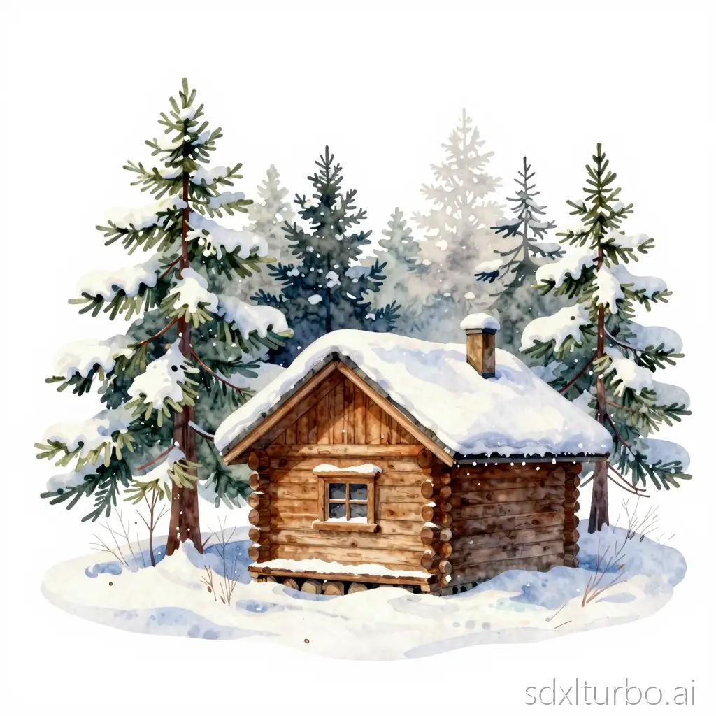 Ultra realistic watercolor illustration, hand-painted look, fine watercolor texture, soft granulation, winter landscape element, highly detailed, natural lighting, realistic depth, snow-covered forest scenery, soft winter atmosphere, isolated object, transparent background, PNG, clipart style, no background. small wooden forest cabin covered in snow, cozy winter hut, pine trees nearby