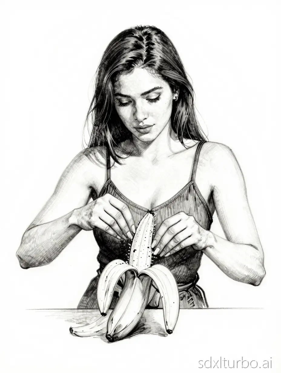 Ink drawing. Sketch art. Woman opened banana