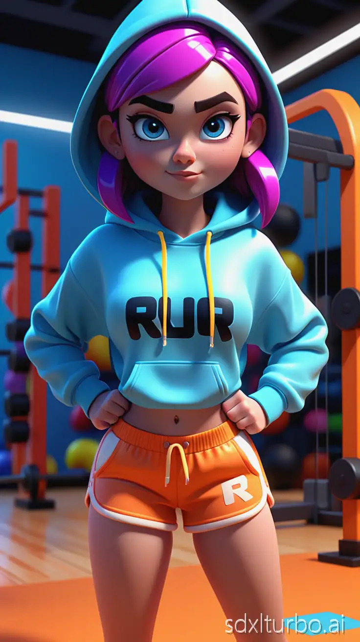 A 3D stylized cartoon girl, smooth soft skin, large expressive eyes, cute rounded face, detailed eyebrows, glossy eyes, small nose, expressive mouth, vivid colors, soft lighting, Pixar-meets-Roblox aesthetic, athletic body, wearing bright sporty hoodie and shorts, dynamic pose, highly detailed 3D rendering, toon shading, bright indoor gym background, energetic scene, HD quality