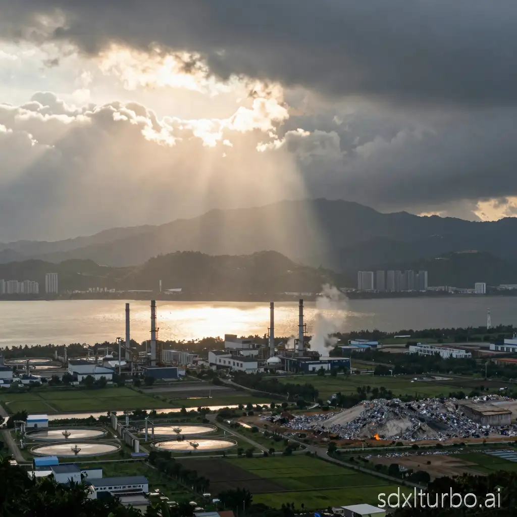 Sun, mountain, clouds rain fog, wetland, river, ocean, human activities, farmland, plastic factory, sewage treatment plant, garbage landfill incineration site, land, city,