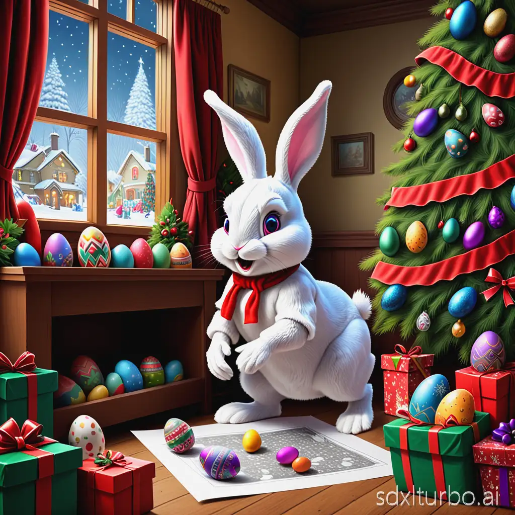 Draw a hidden object picture with a Christmas theme. A small Easter bunny should be hidden in the lower left corner.