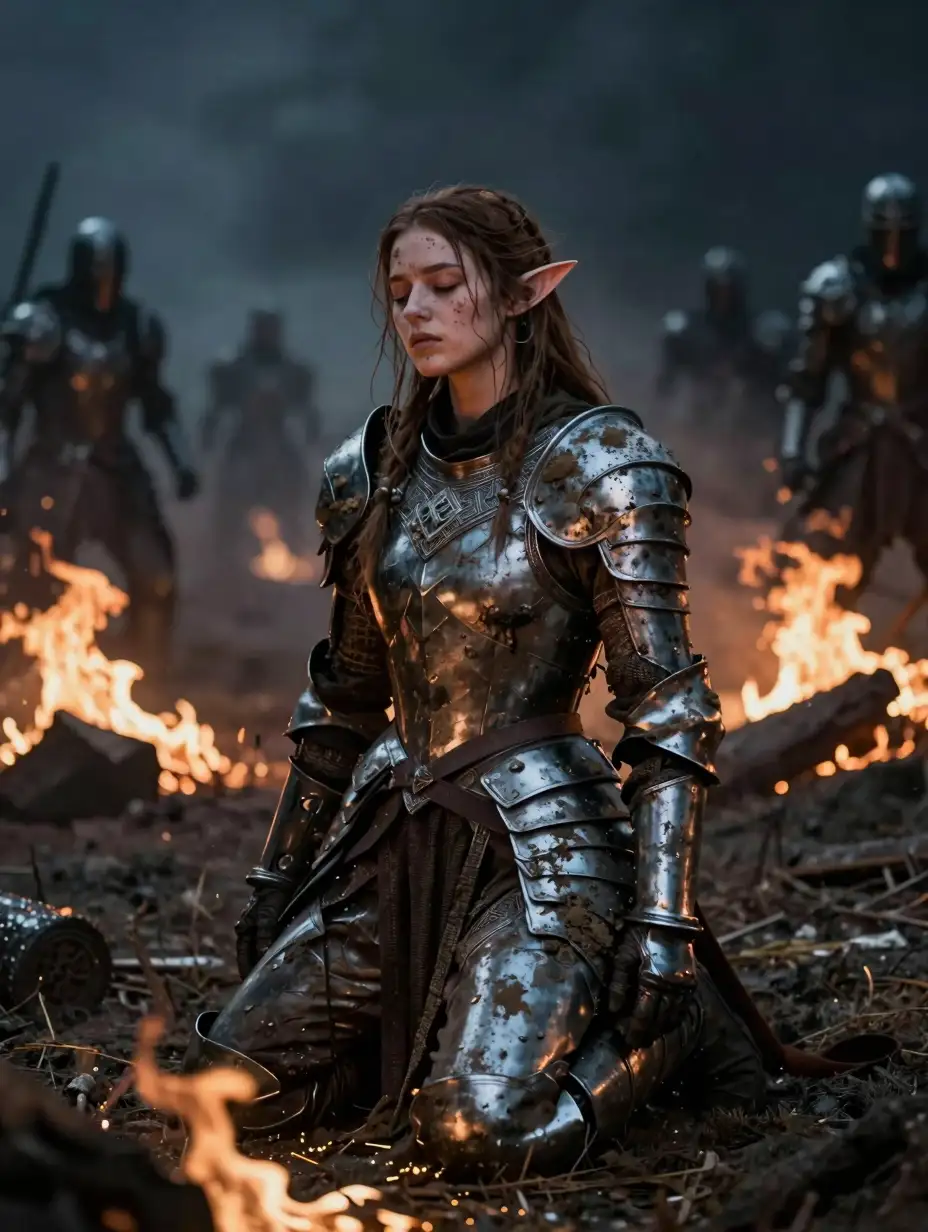 Elf princess with brown hair, battered, battered armour, covered in mud and dirt, who is kneeling amidst a burning battlefield at night with closed eyes. (((Dark lighting))), enemies in background.