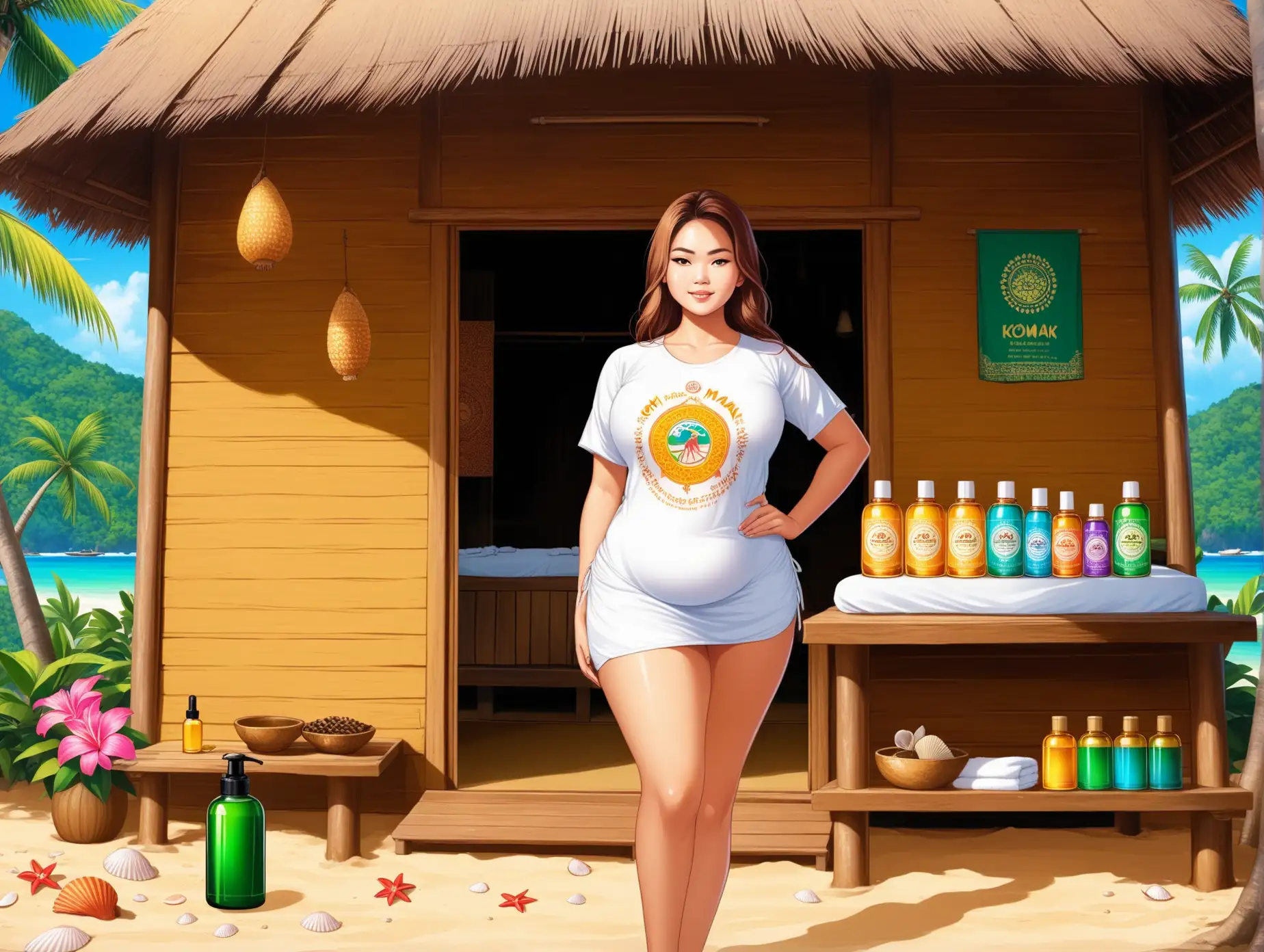 Koh Mak Plakat, Hippie background, Full-figured beautiful Thai masseuse with Koh Mak T Shirt stands in front of hut, great flowers everywhere, shells on the ground, massage oil bottle
