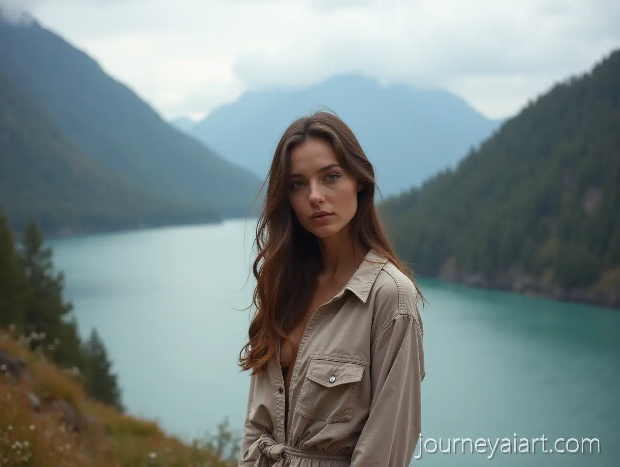 PersonMountain-River-Fashion-Shoot-in-Beautiful-Clothing-Standing-by-River-with-Mountain-Background