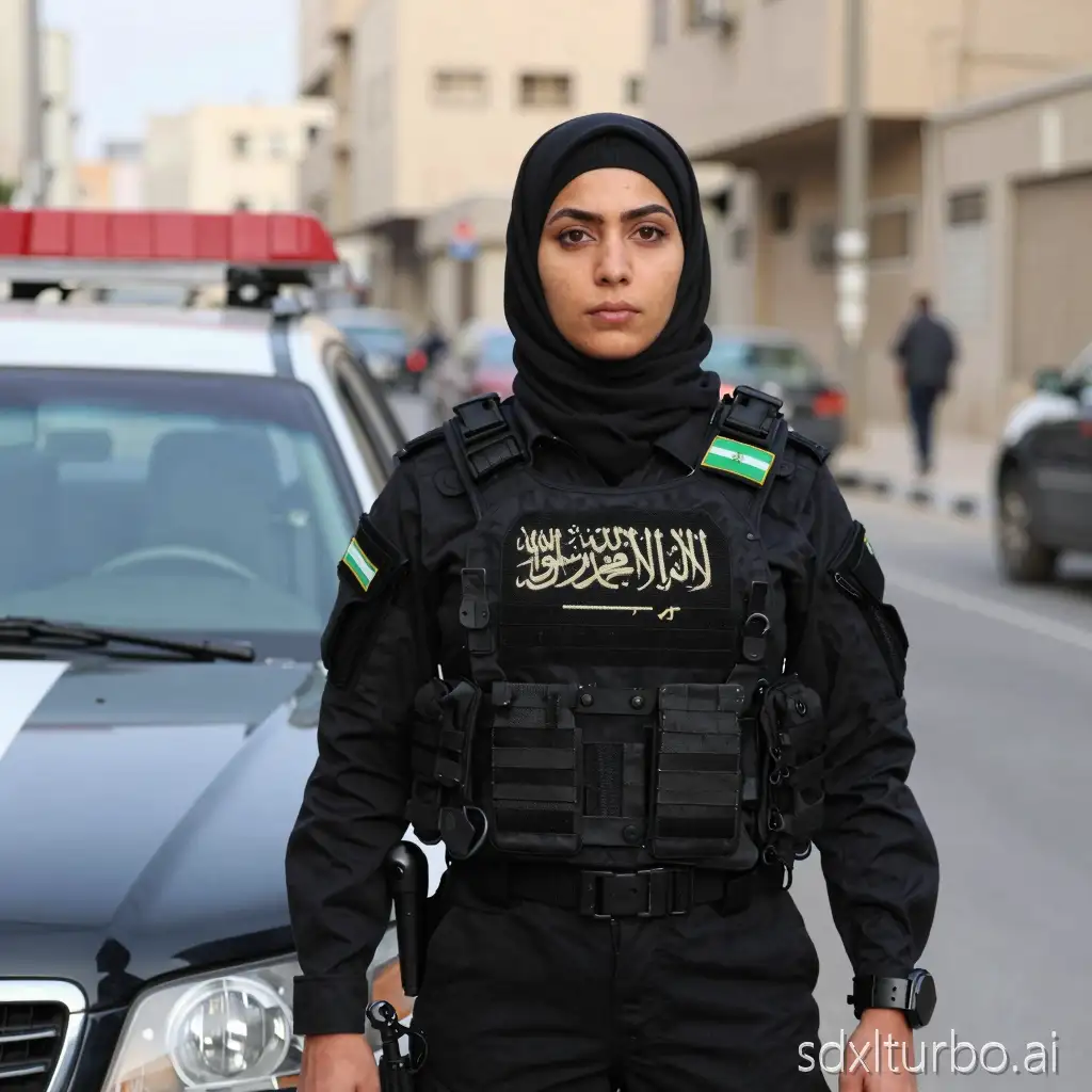 Egyptian female soldier from the rapid intervention brigade, wearing a black tactical uniform and hijab. Saudi flag and emblem clearly visible on the shoulder and chest. Standing next to a black police car on an urban street, with a serious and alert expression. The background shows street details, Egyptian features, realistic, professional appearance, completely different from other images.