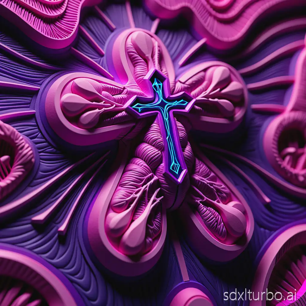 hyperreal macro, UV neon lighting, anatomical bas-relief, sculpted paper, contour-ink volumetrics, biological emergence, glossy fold specularity, cross-hatch texture, shallow DOF, violet bokeh, tactile surrealism, electric magenta palette