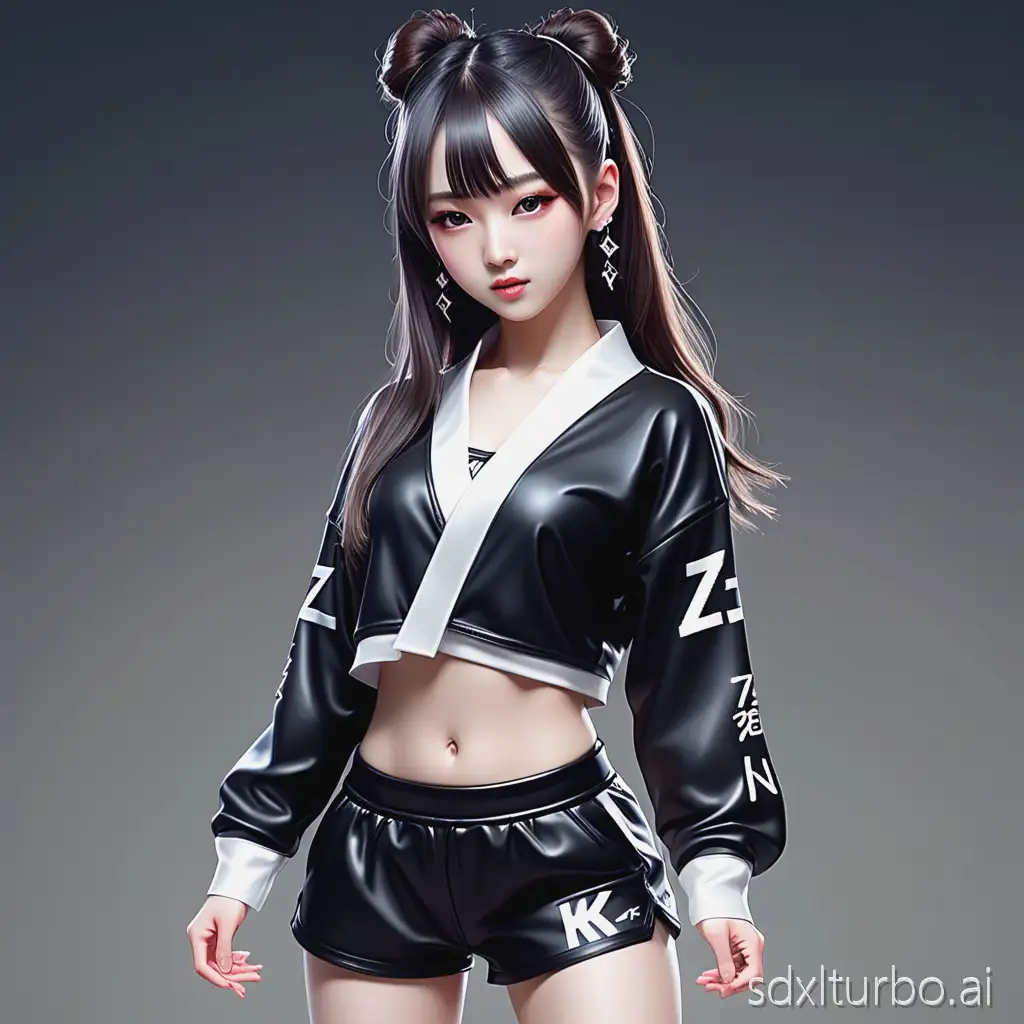 Z generation girl, clothing is K-pop style dancer outfit, black long, realistic looking Japanese