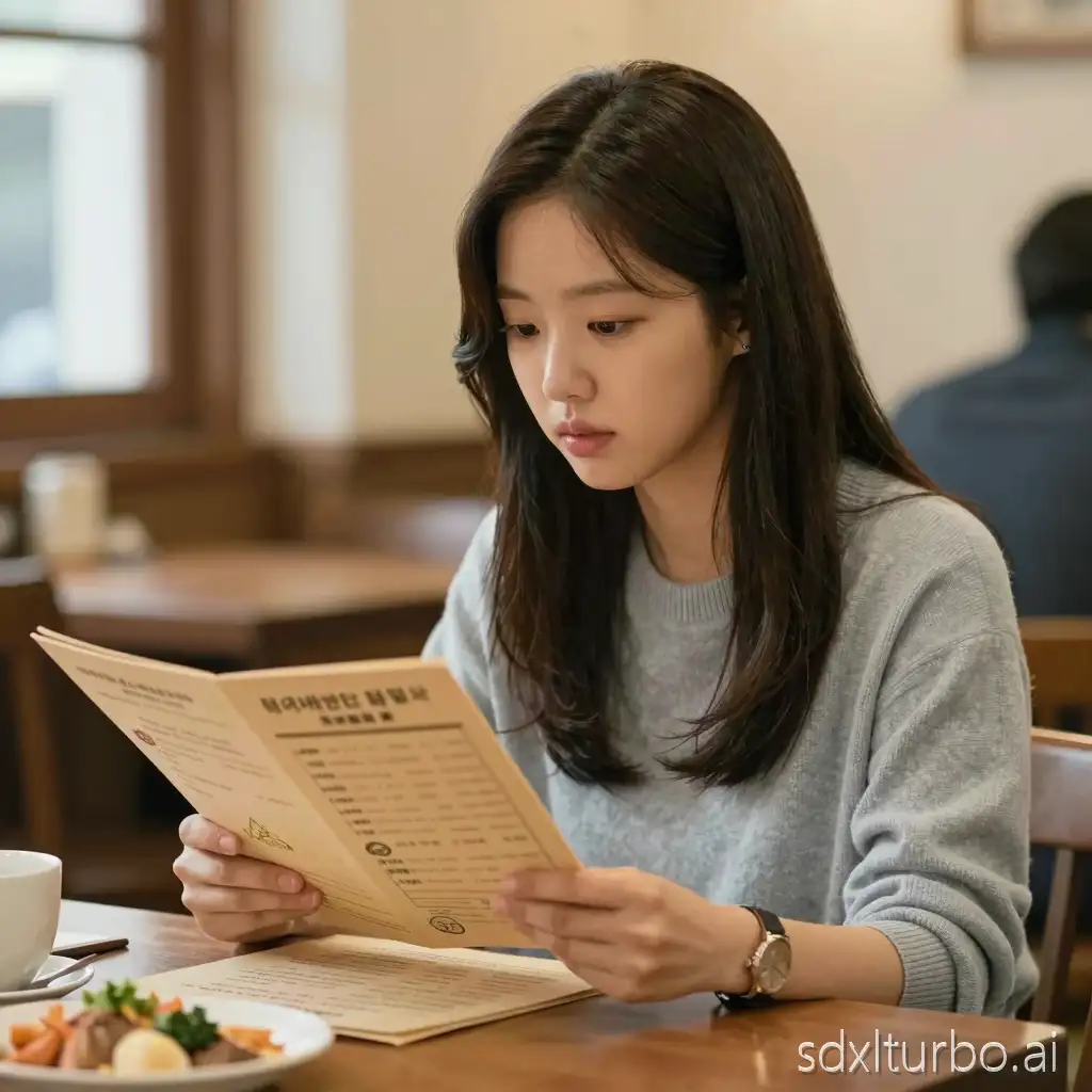 photon of Korean actress Park Shin-Hye studying the menu at a restaurant