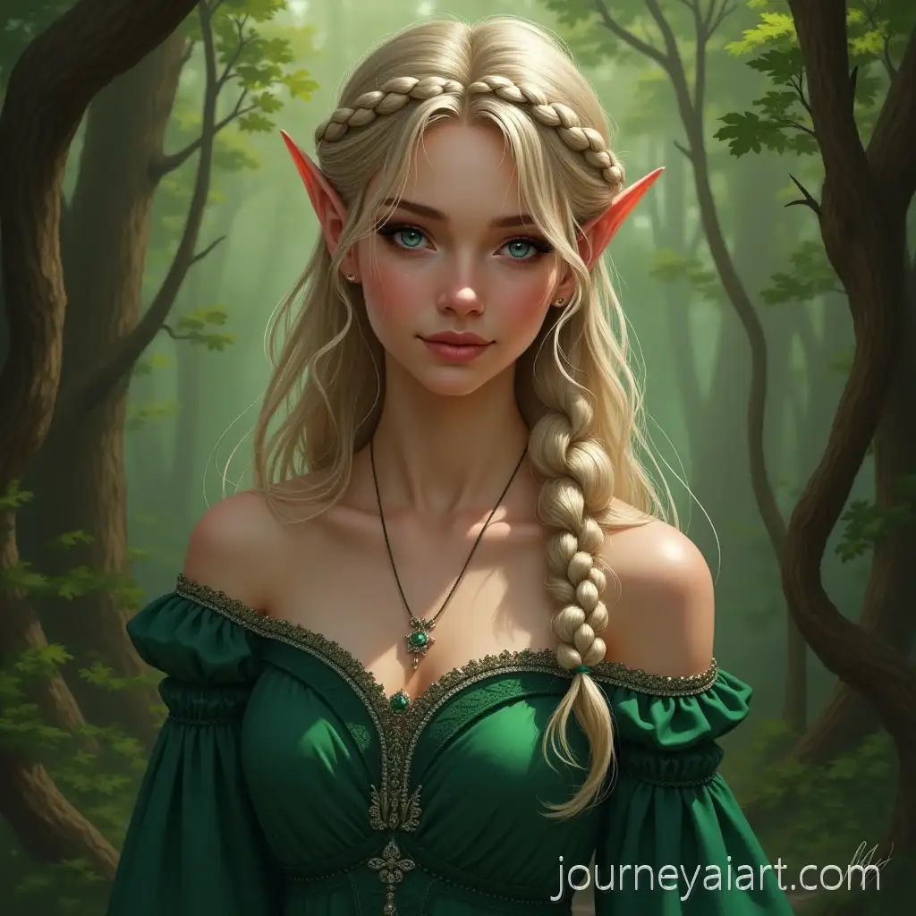 Young-Elven-Woman-with-Blue-Eyes-and-Platinum-Braided-Hair-in-Emerald-OffShoulder-Gown-Standing-in-Enchanted-Forest-Portrait