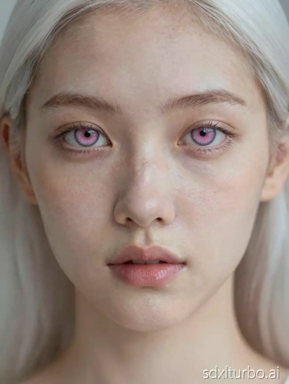 Ultra-realistic close-up portrait of a captivating young woman, centered, direct eye contact. Very pale porcelain skin with natural freckles across cheeks and nose, visible skin texture and pores, matte soft glow.Oval face, high cheekbones, straight delicate nose, refined jawline anatomically accurate almond-shaped eyes, balanced eyelid proportions, natural tear duct anatomy, light pink-lilac iris with muted lavender-gray undertone, low-saturation magenta pigment diffusion, complex radial iris fibers, layered translucent iris structure, subtle stromal texture, organic pigment variation, gentle desaturation toward outer iris, soft natural limbal ring, realistic corneal refraction, subsurface light scattering, micro shadowing within iris fibers, natural sclera tone with faint capillaries, moist waterline detail, controlled soft catchlight, consistent iris pigmentation across frames, identical iris pattern, stable pupil size, no neon colors, no artificial glow.Platinum white hair. Subtle sensual expression, quiet confidence, refined elegance.Soft diffused studio lighting, cinematic shadows, neutral blurred gray background, shallow depth of field, creamy bokeh.Hyperrealistic RAW photo, ultra-detailed skin, 8k, sharp focus on eyes, DSLR, 85mm lens, f/1.8.