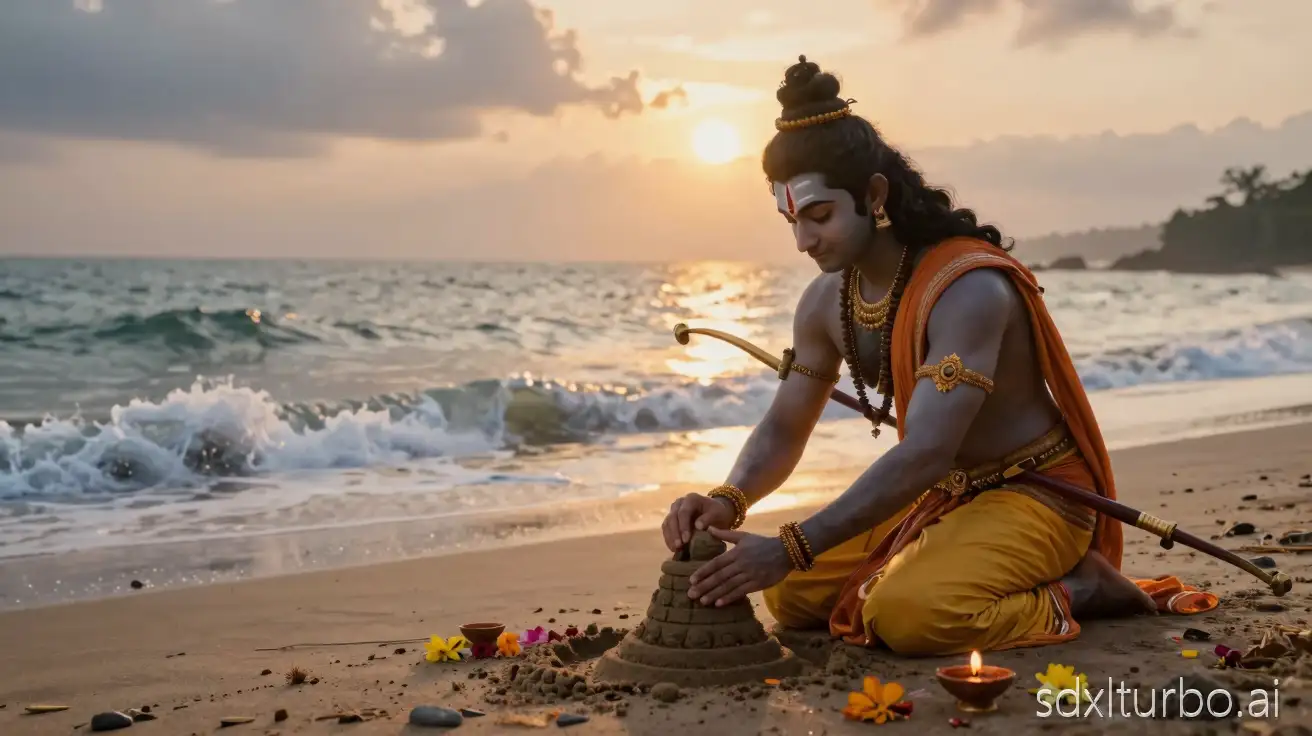 Lord Rama kneeling on a sacred sea shore, carefully creating a sand Shivling with his hands, performing पूजा with deep devotion, calm ocean waves touching the shore, golden sunrise light reflecting on water, Ram wearing traditional dhoti, bow and quiver placed beside him, divine aura around his body, tilak on forehead, sacred flowers and diya near Shivling, spiritual atmosphere, ancient Indian epic scene, ultra detailed skin texture, cinematic lighting, hyper realistic, 8k, dramatic sky, soft mist from ocean, devotional mood, masterpiece, ultra sharp focus, mythological realism