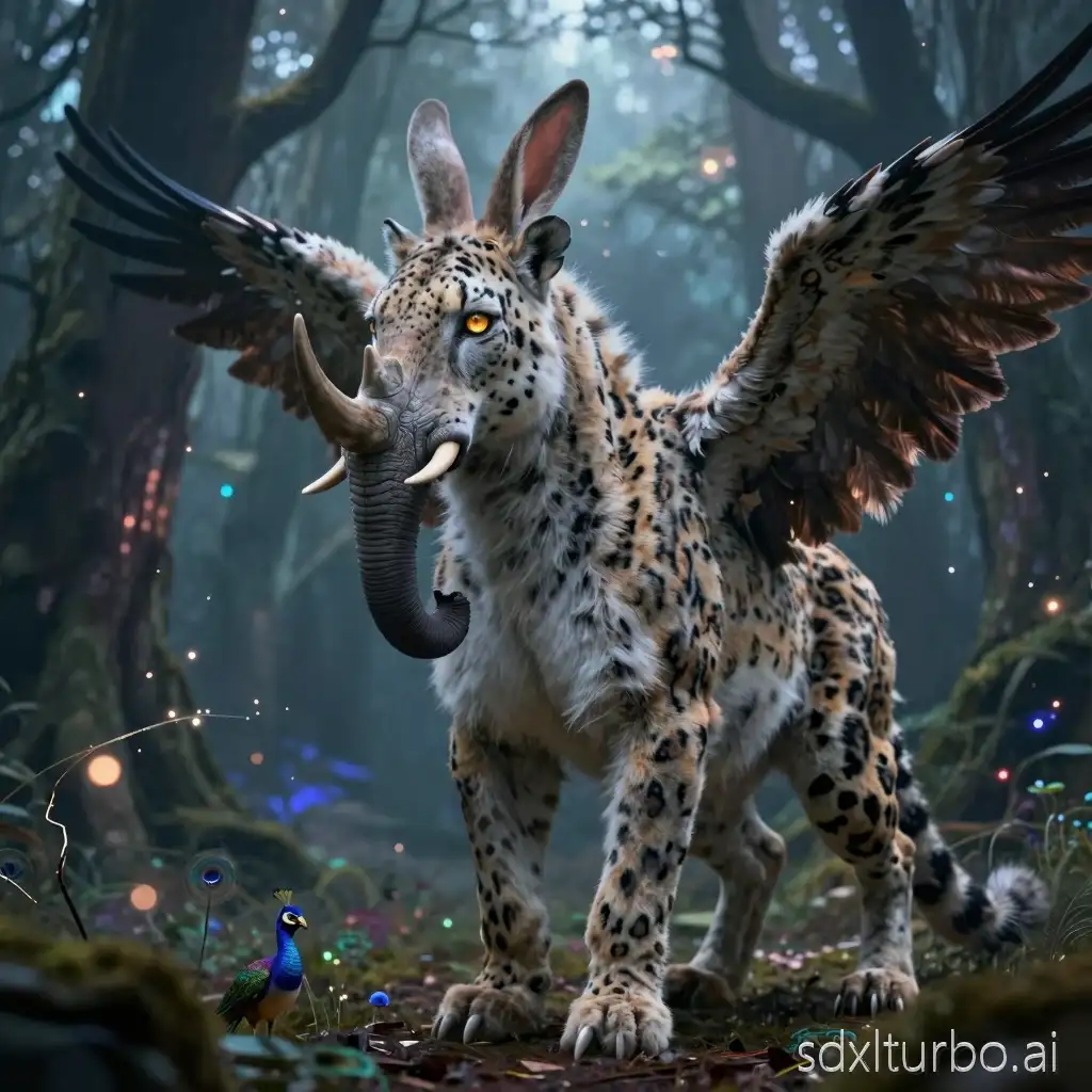Create an image of a creature with human face which has elephant trunk, rhinoceros honk, rabbit ears. Its neck has hairs like a horse and tail is of peacock. Its skin texture is of snow leopard and hands are of human beings. Its legs are of kangaroo. Its eyes are luminous gold with slit pupils. It has wings of an eagle. The creature stands in an enchanted twilight forest filled with floating spores and ancient glowing trees. Cinematic lighting, ultra-detailed fur texture, fantasy realism, 8K resolution, depth of field, volumetric fog, magical atmosphere, sharp focus, concept art style.