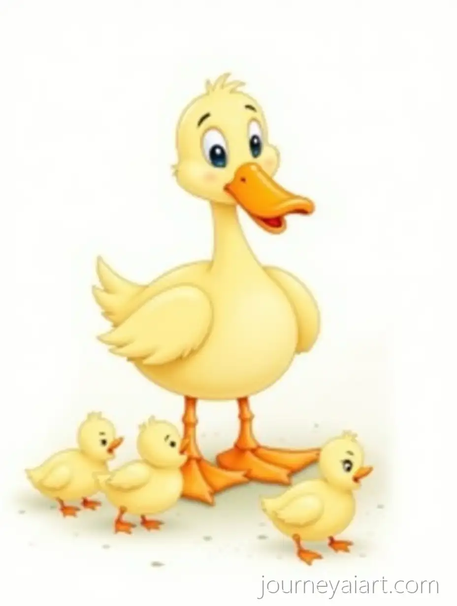 Cartoon-Mom-Duck-with-Playful-Ducklings-in-Various-Poses-on-White-Background